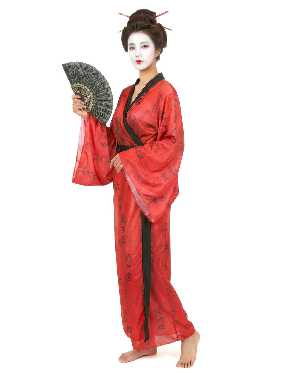 Kostum gejše za žensko, rdeči kimono s črnimi kaligrafskimi vzorci