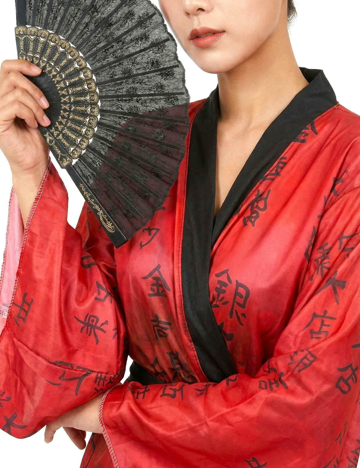 Velik posnetek pahljače in ovratnika gejša kimono kostuma