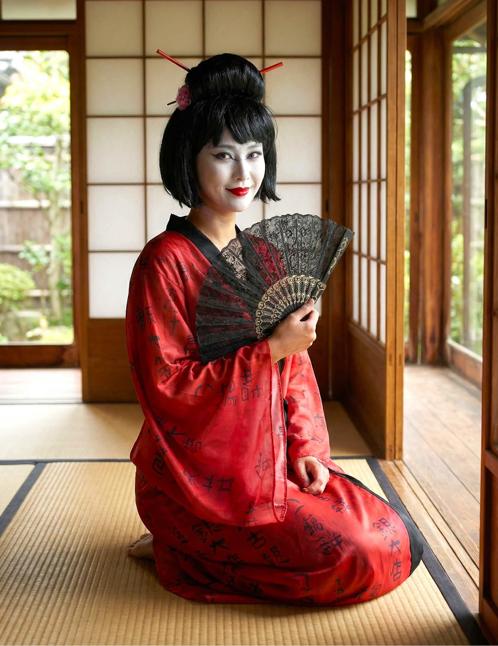 Sprednji pogled klečečega kostuma kimono gejša