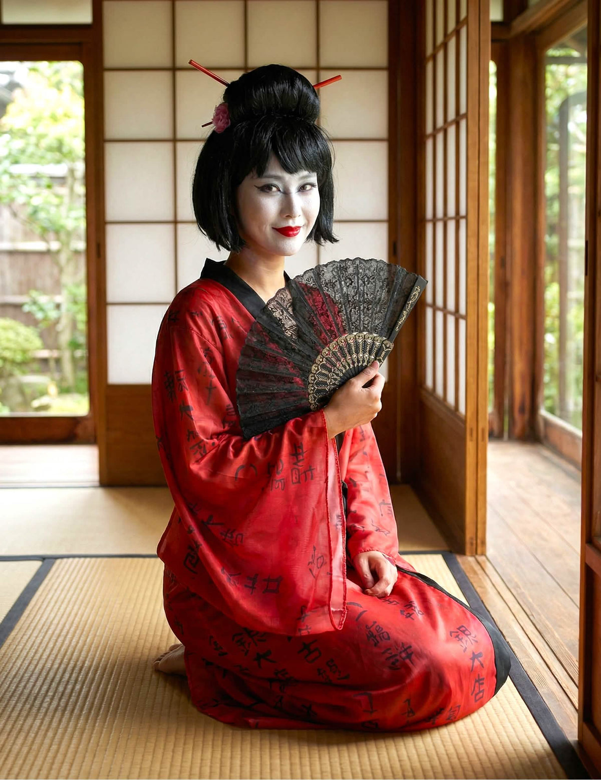 Sprednji pogled klečečega kostuma kimono gejša