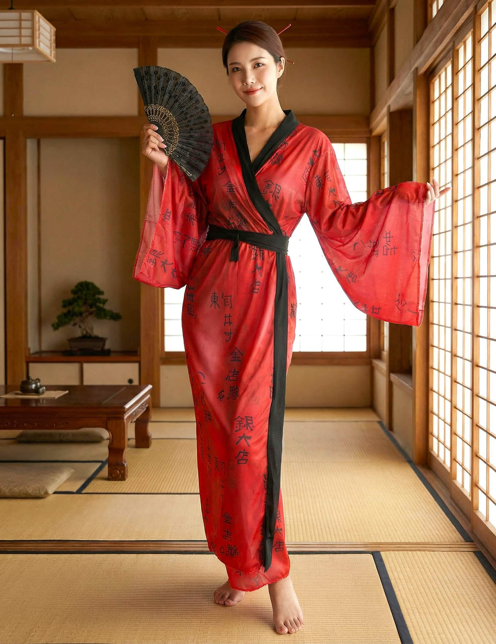 Pogled od spredaj stoječega kostuma gejše kimono