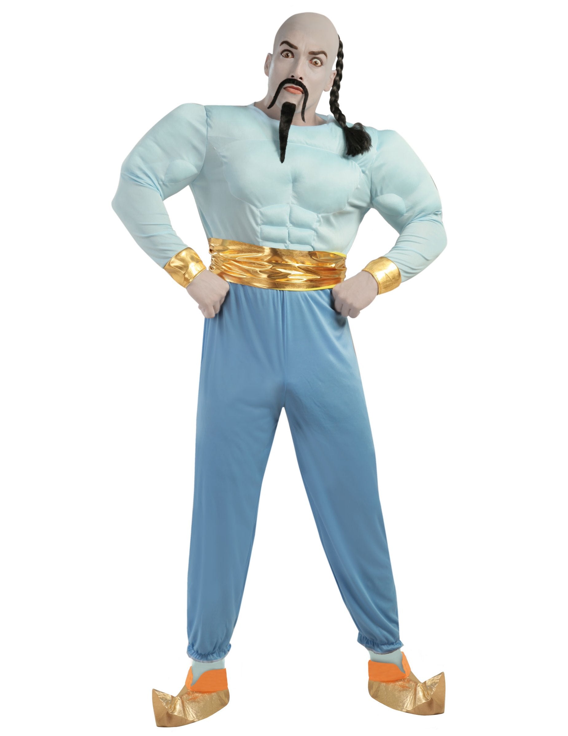 Déguisement génie de la lampe pour adulte bleu et doré avec muscles