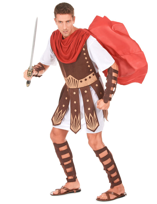 Vue de face avec épée du déguisement de gladiateur pour homme