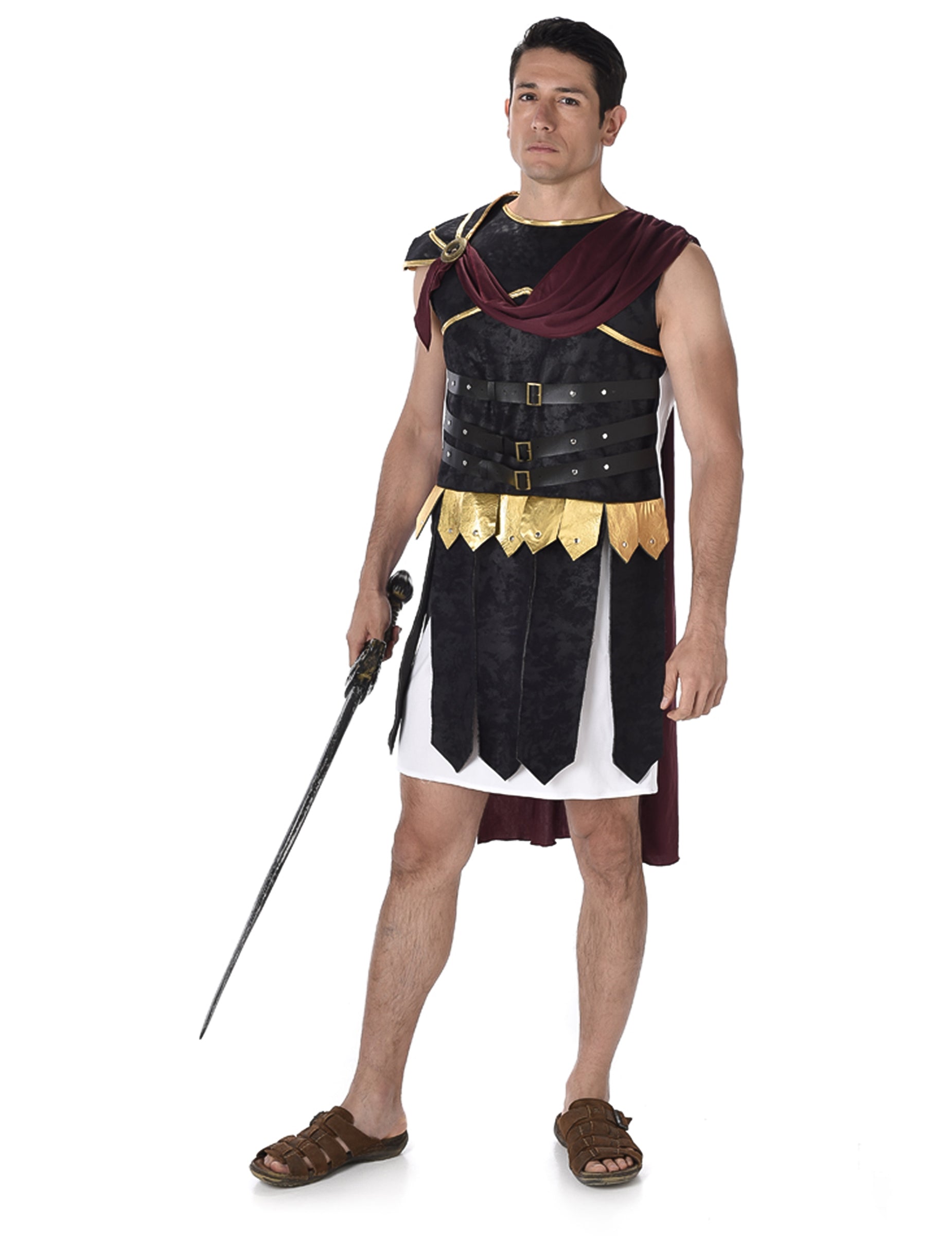 Déguisement de gladiateur romain pour homme noir et doré avec cape