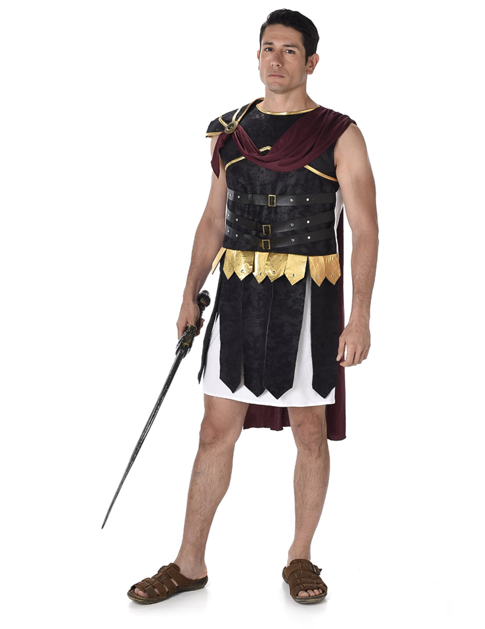 Déguisement de gladiateur Romain pour homme noir et doré avec cape bordeaux