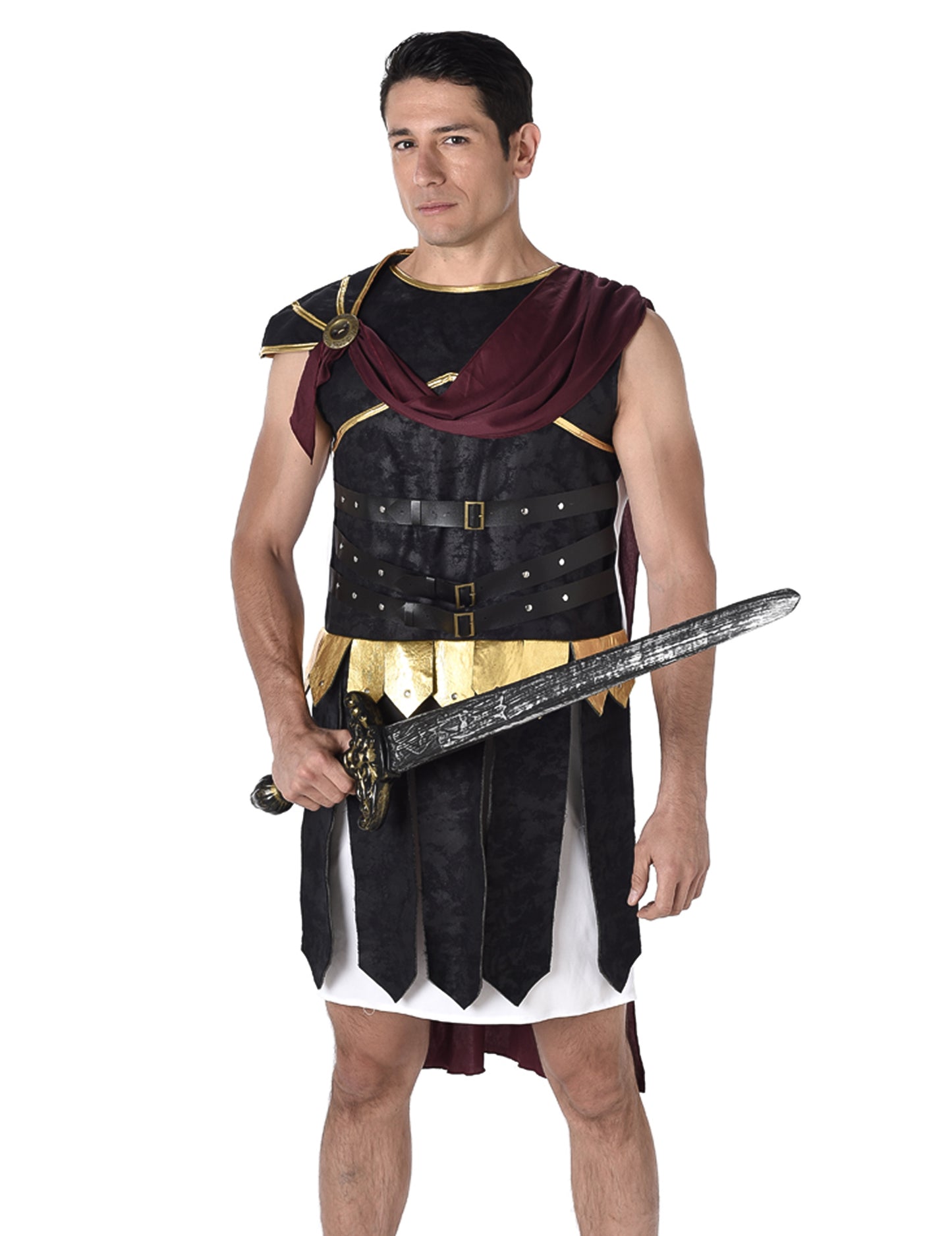 Gros plan sur le buste et l'épée du déguisement de gladiateur romain