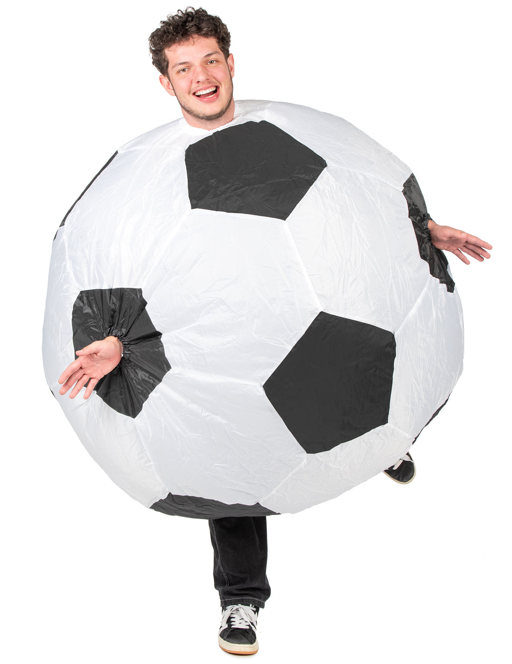 Vue de face du déguisement gonflable ballon de foot pour adulte