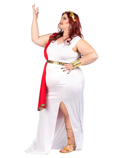 Vue de profil du déguisement de déesse romaine à drapé pour femme