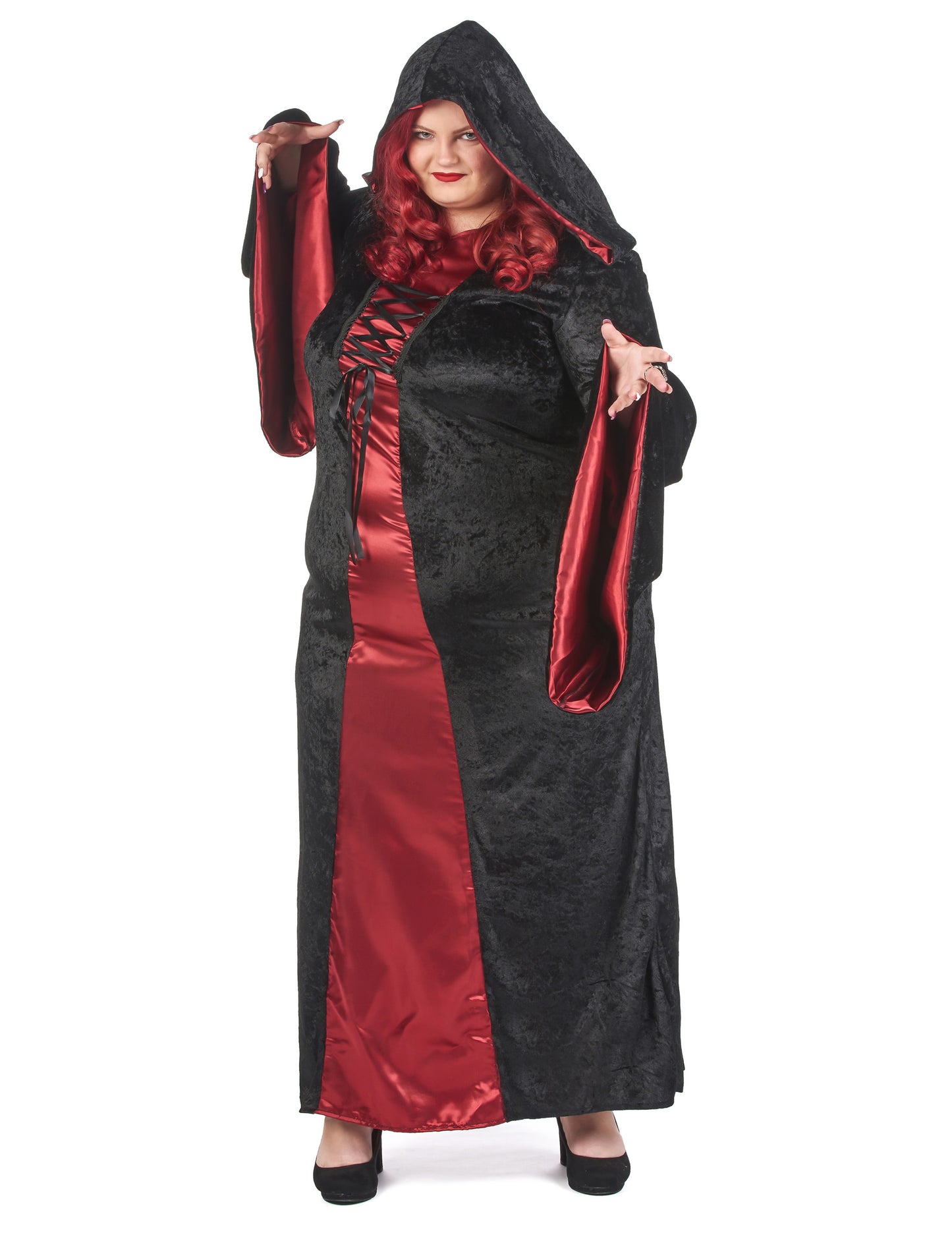 Velik kostum gotske velikosti z rdečo in črno žensko kapuco