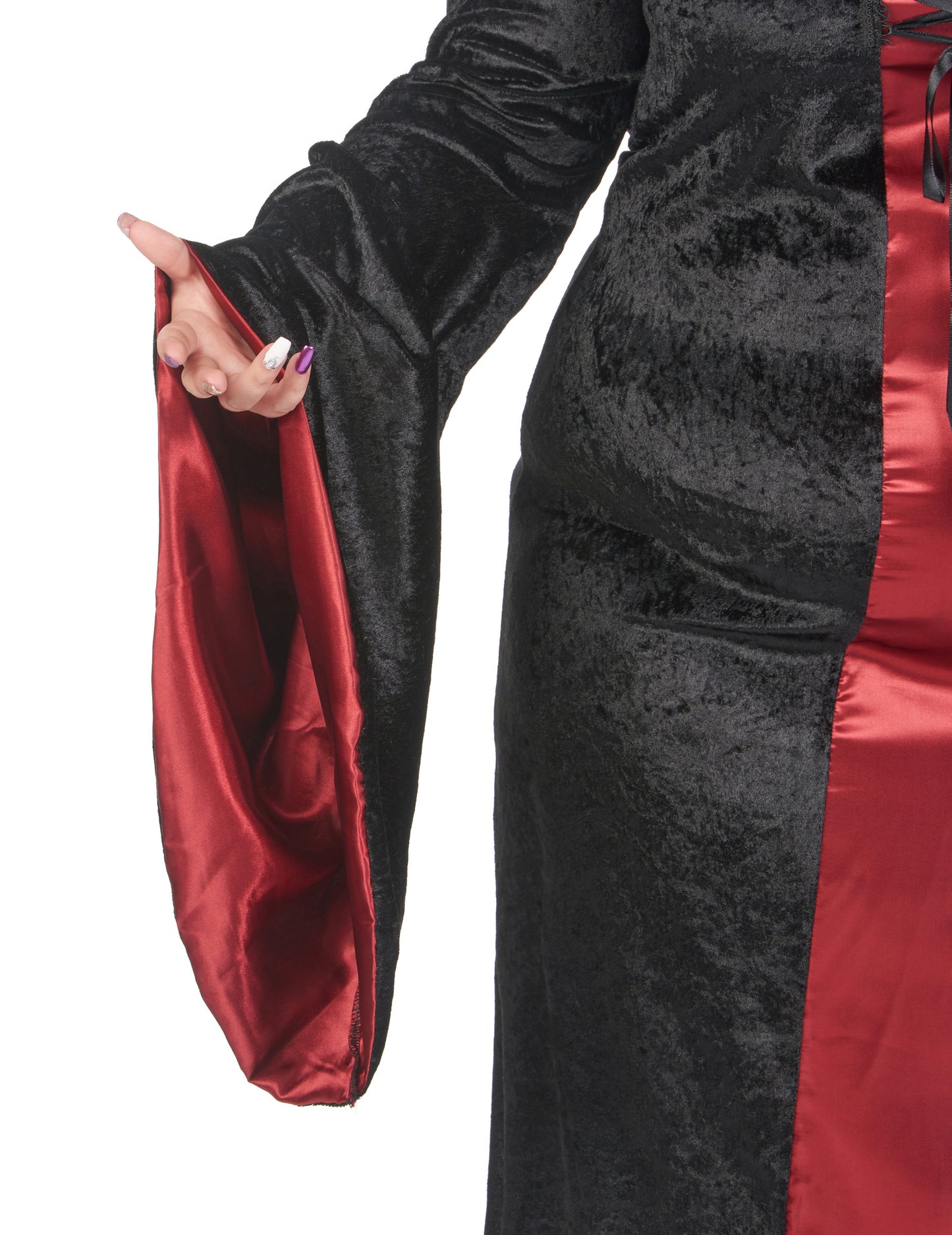 Velik kostum gotske velikosti z rdečo in črno žensko kapuco