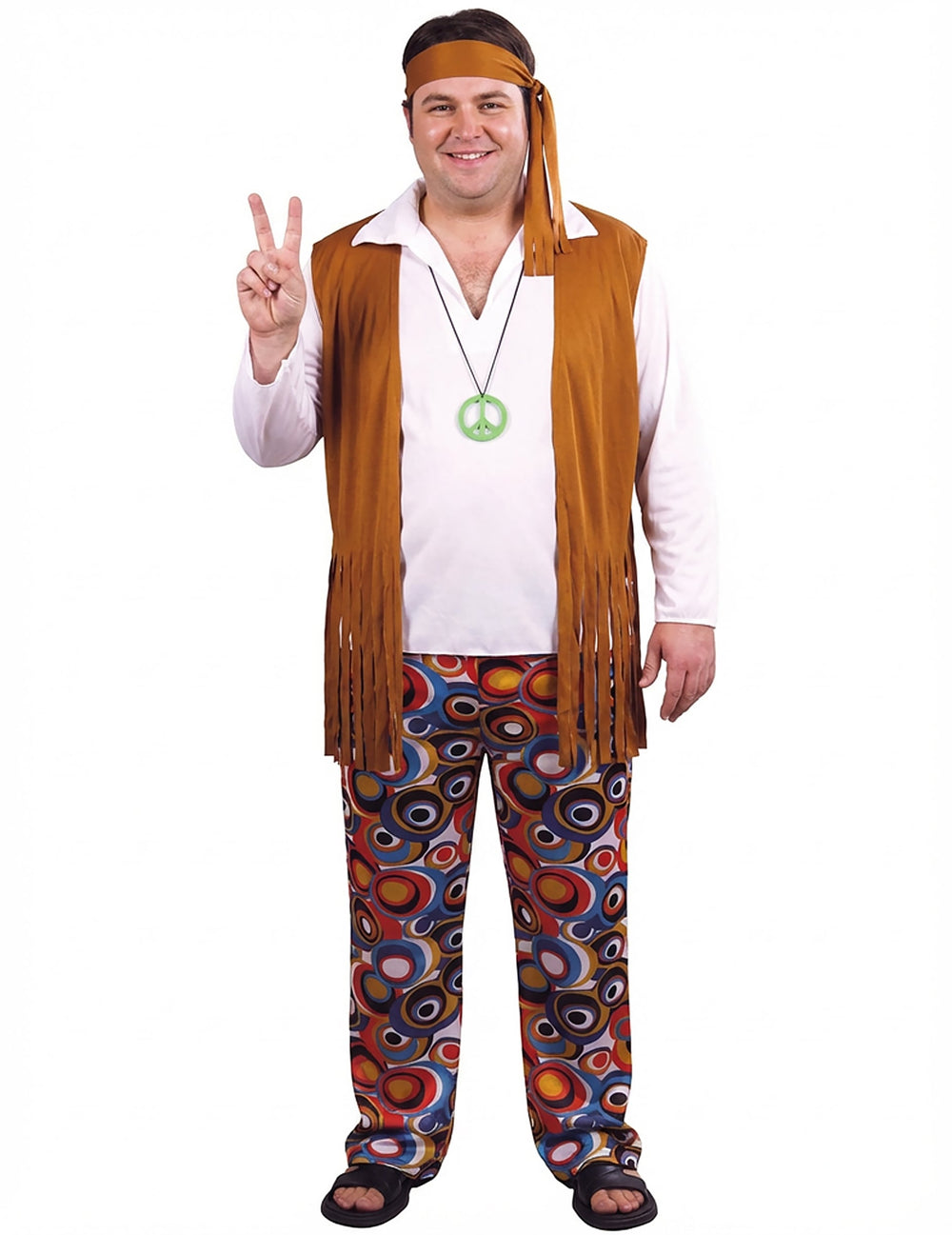 Déguisement de hippie pour homme marron et blanc avec gilet à franges et bandeau