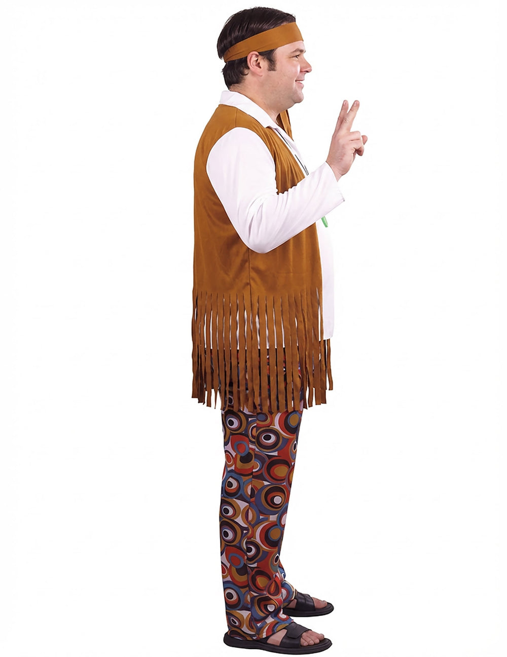Vue de profil du déguisement de hippie pour homme marron et blanc