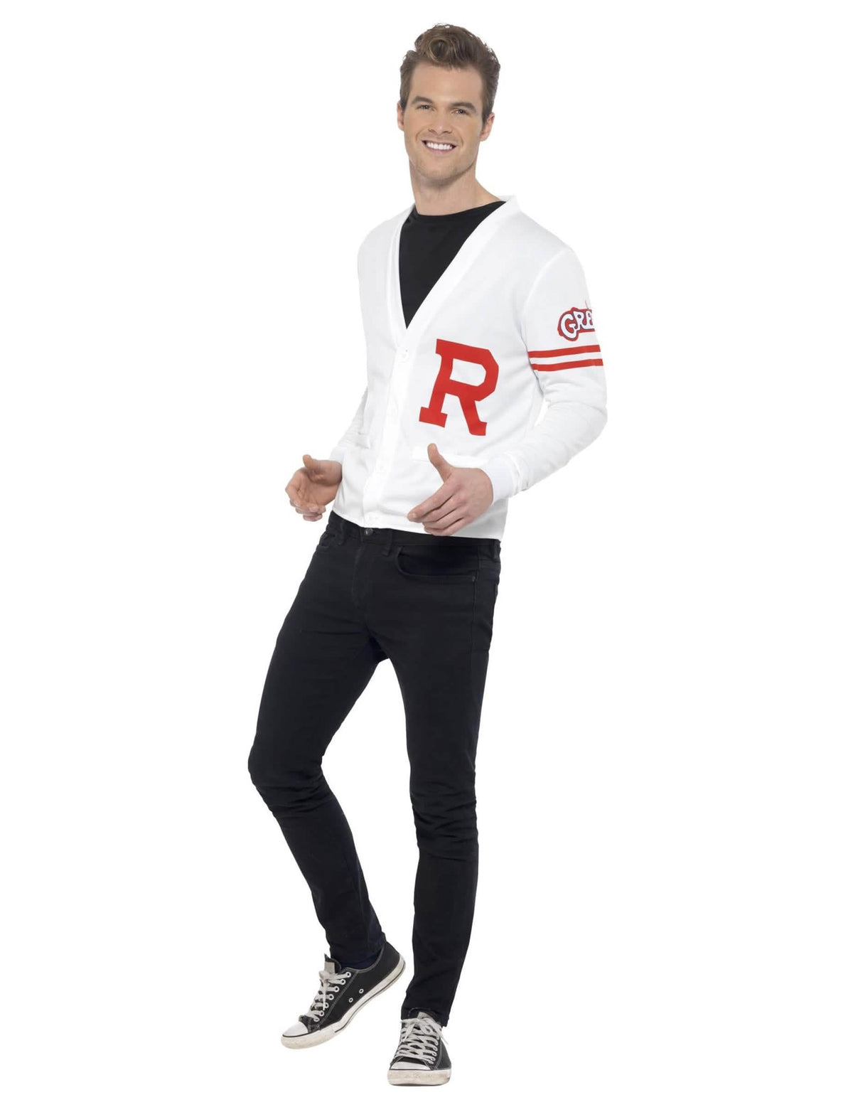 Preobleka Grease Rydell Prep za moški bela s rdeča puloverjem na gumbe z logotipom