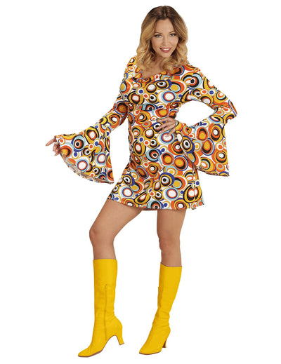Déguisement groovy bubbles années 70 pour femme multicolore à motifs psychédéliques