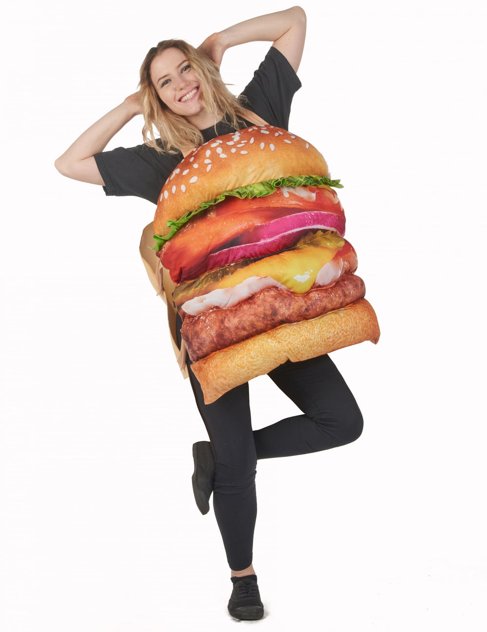 Vue de face du déguisement hamburger réaliste pour adulte