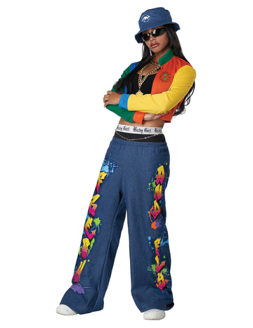 Večbarvni ženski hip hop kostum iz 90. let z modrimi hlačami v grafitnem slogu