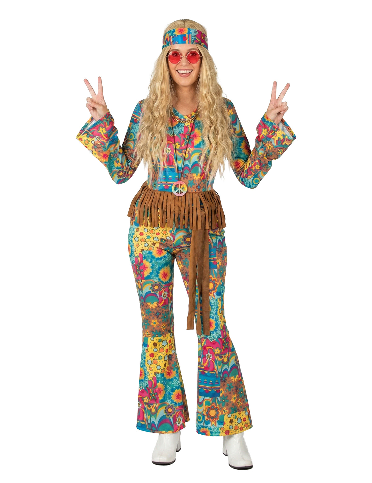 Déguisement hippie col V pour femme multicolore à motifs fleurs et franges marron