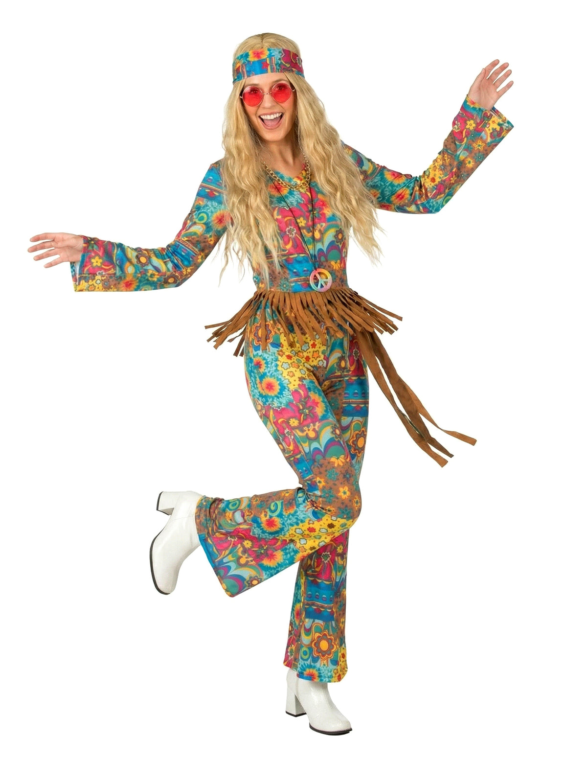 Vue de face du déguisement hippie col V femme