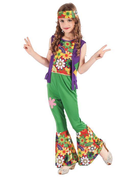 Déguisement hippie flower power pour fille vert avec motifs fleurs et bandeau
