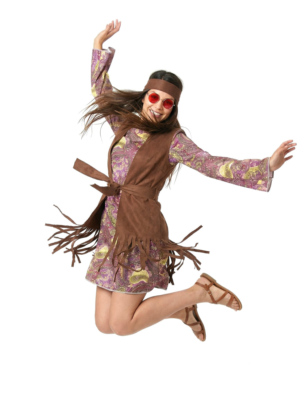 Vue en mouvement du déguisement hippie motif paisley pour femme