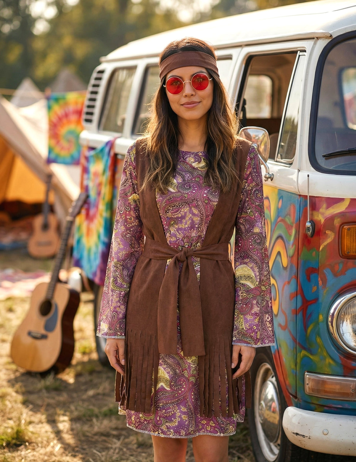 Mise en situation du déguisement hippie motif paisley pour femme