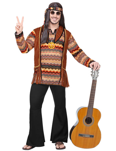Déguisement hippie nature pour homme marron à motifs avec gilet à franges et pantalon pattes d'éph
