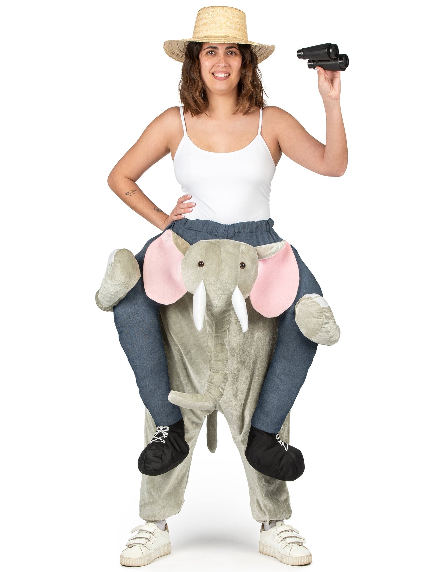 Vue d'ensemble avec accessoires de safari du déguisement à dos d'éléphant pour adulte