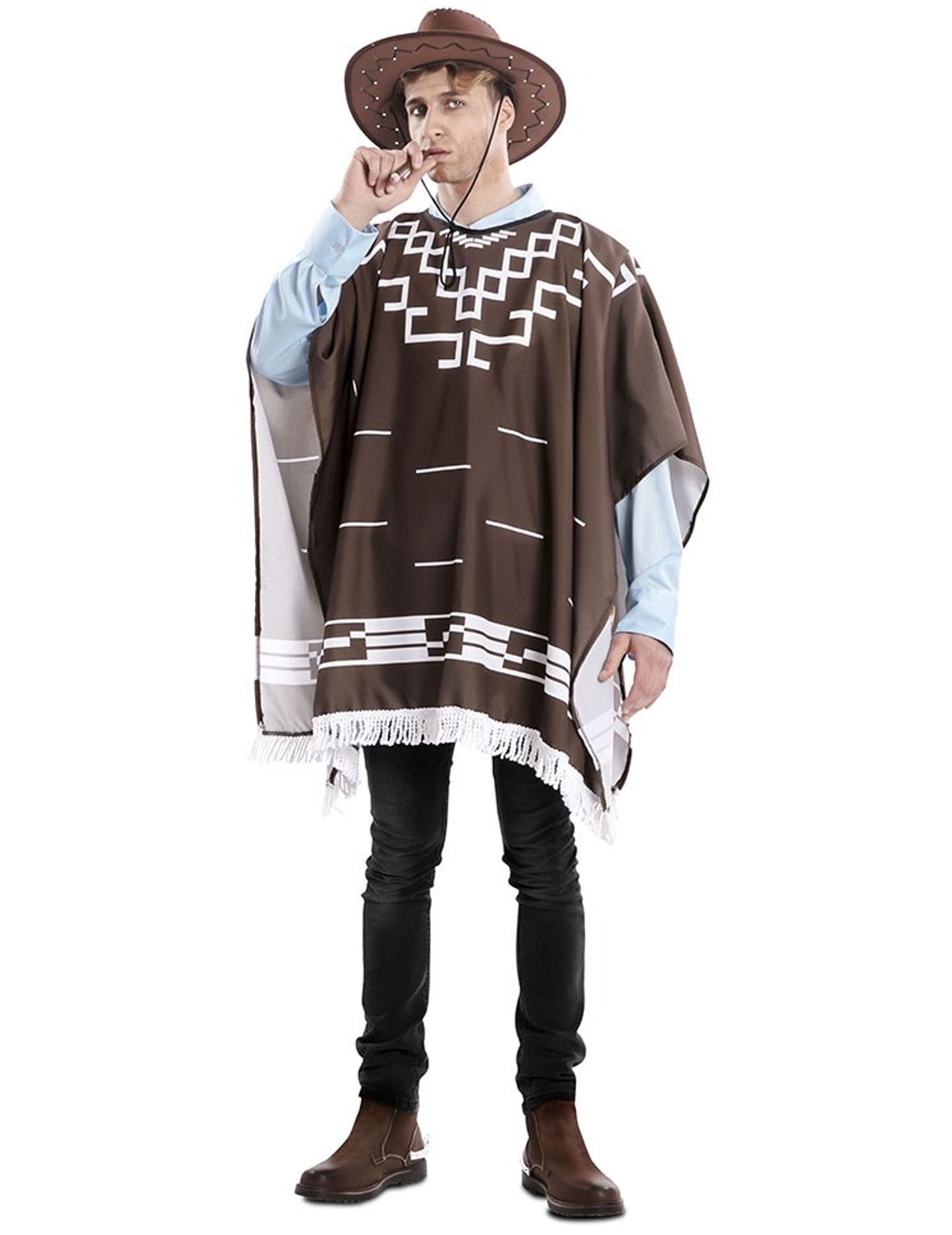 Déguisement de hors la loi pour homme marron avec poncho à motifs blancs et chapeau