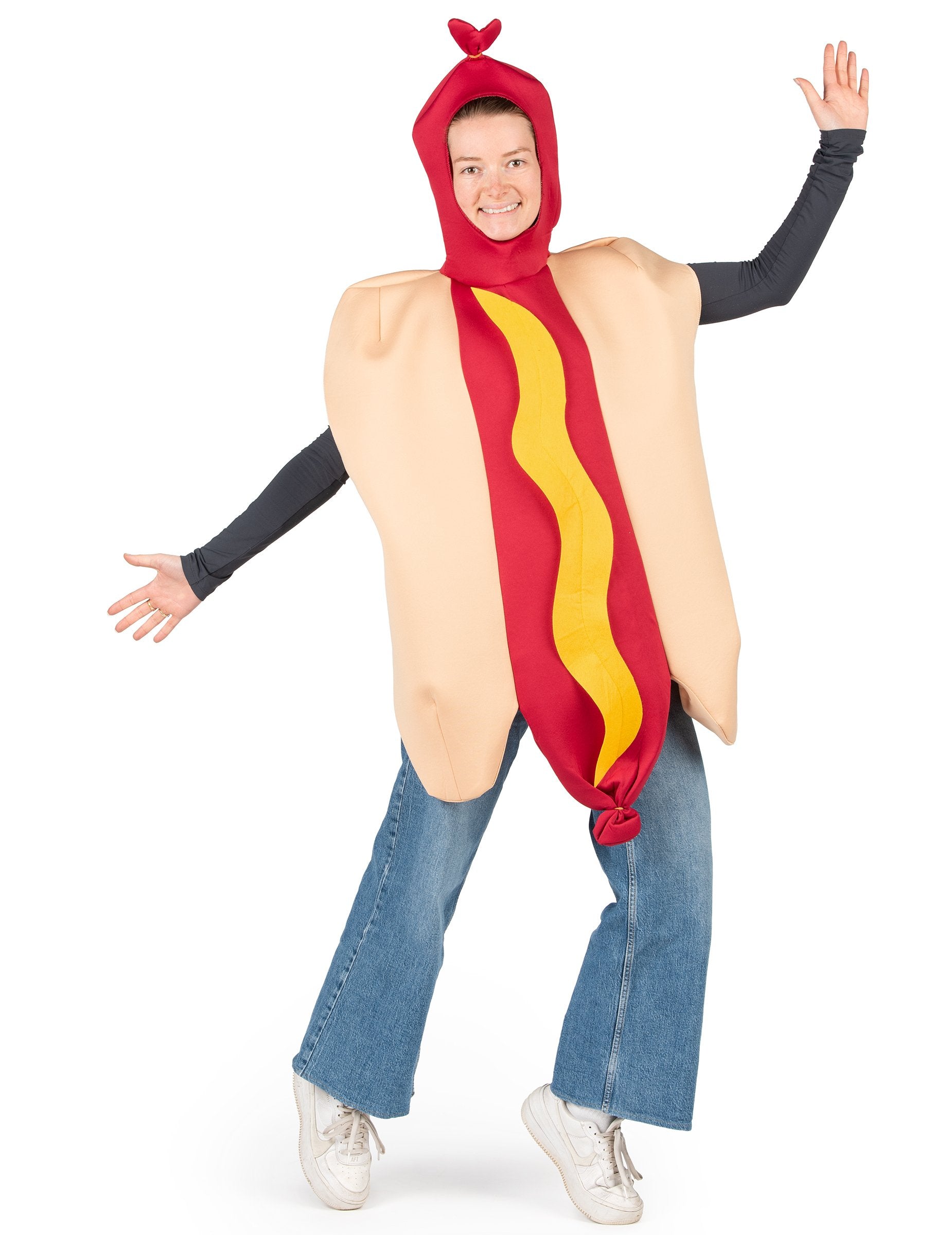 Obleka hot dog za odrasle v bež in rdeči barvi z rumeno črto gorčice