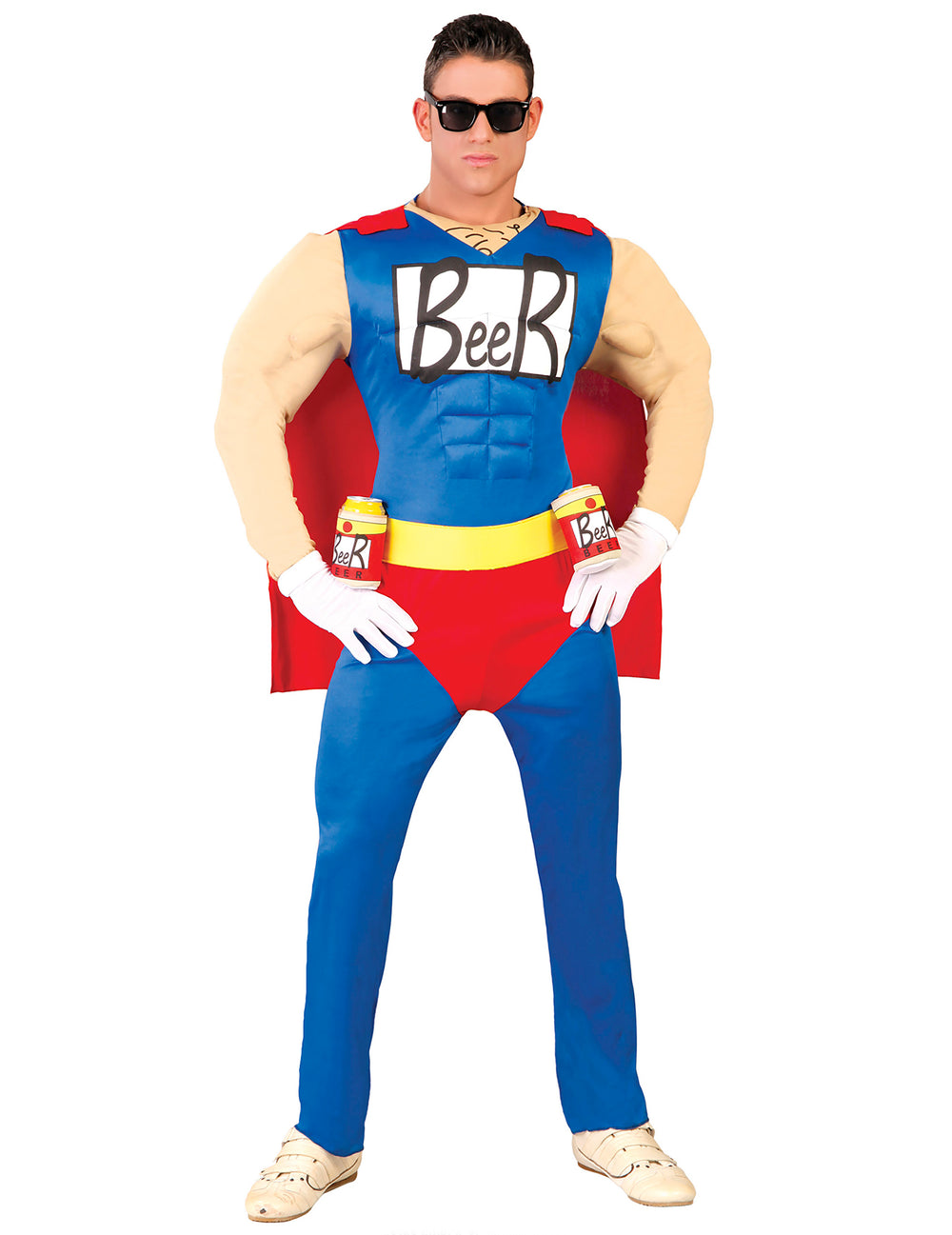 Déguisement humoristique Beerman pour adulte bleu et rouge avec cape et porte-canettes