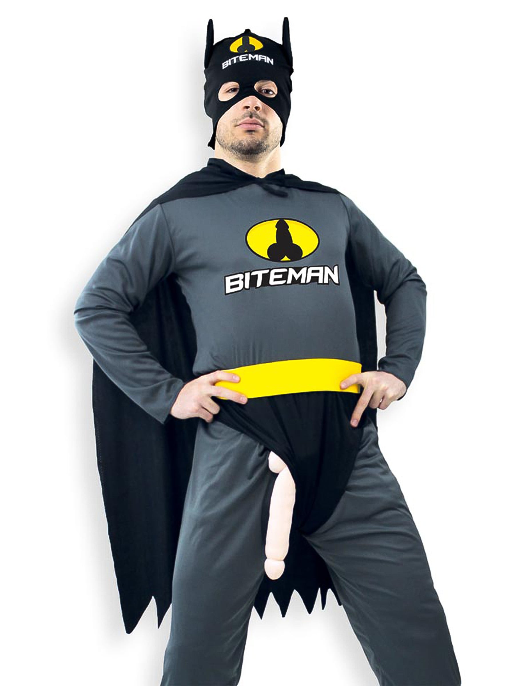 Déguisement humoristique Biteman pour homme gris et noir avec logo jaune