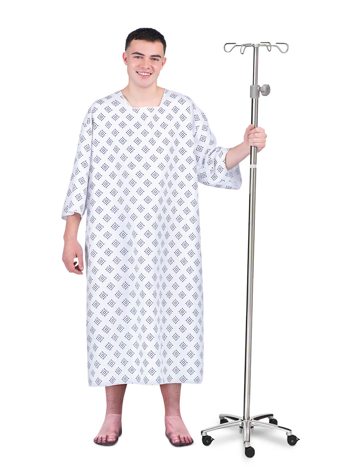 Vue de face avec porte-sérum du déguisement humoristique de patient pour adulte
