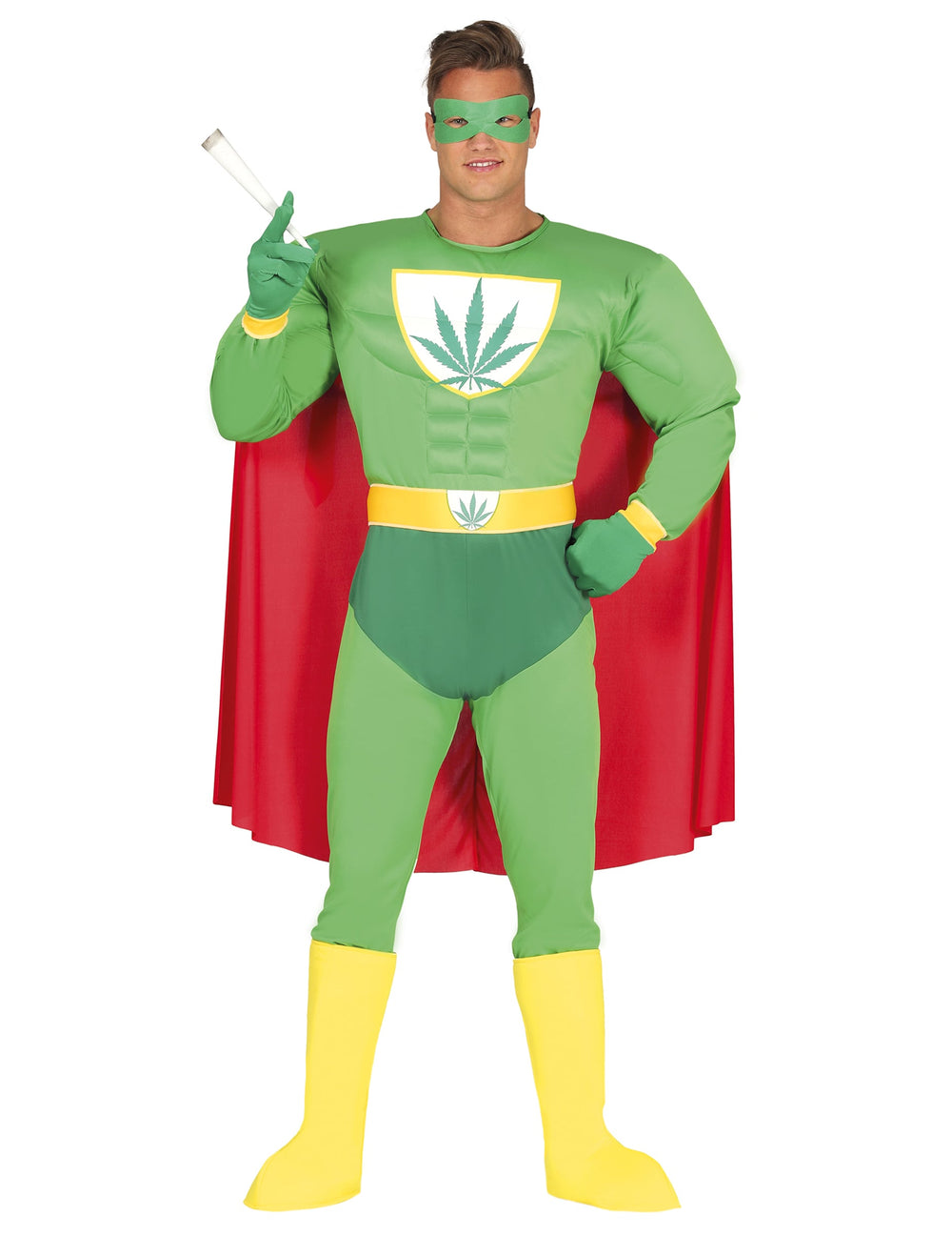Déguisement humoristique super héros feuille de cannabis pour adulte vert avec cape rouge et bottes jaunes