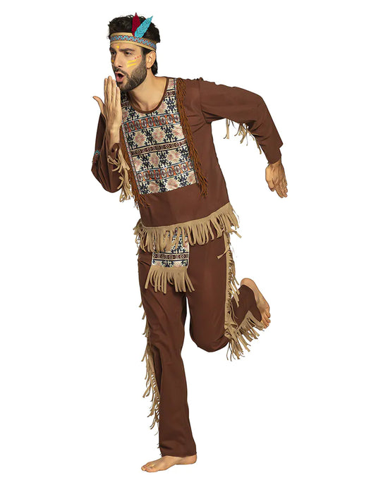 Déguisement indien grand sage pour homme marron avec franges et bandeau