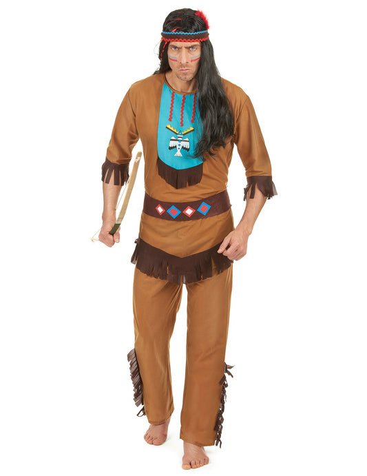 Déguisement indien à motifs pour homme marron avec plastron bleu et franges