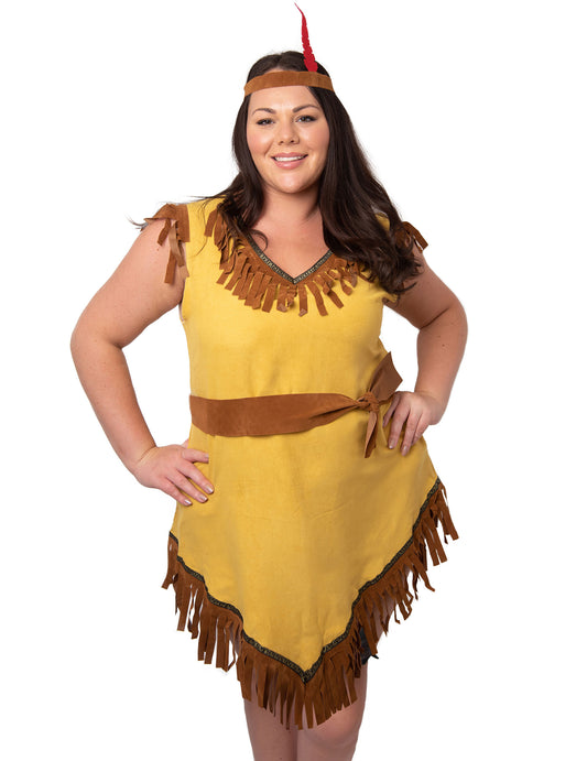 Déguisement indienne asymétrique pour femme jaune et marron avec franges