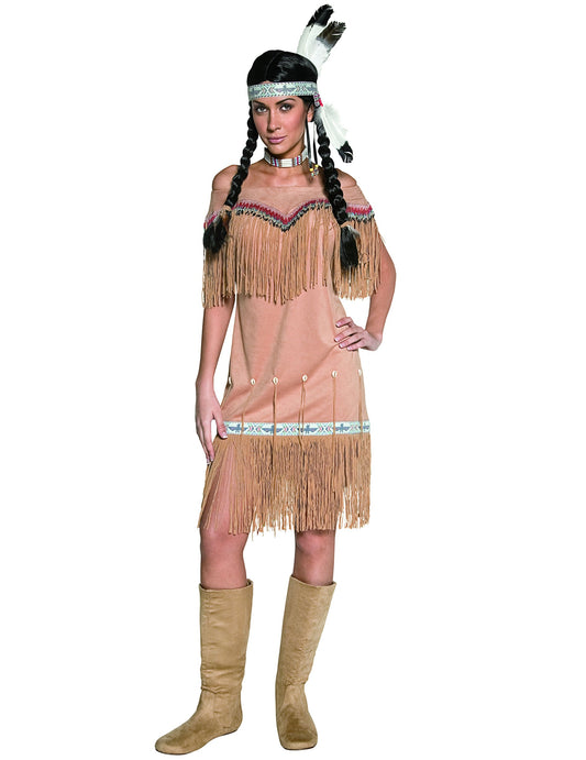 Déguisement indienne grandes franges pour femme marron clair avec bandeau à plumes