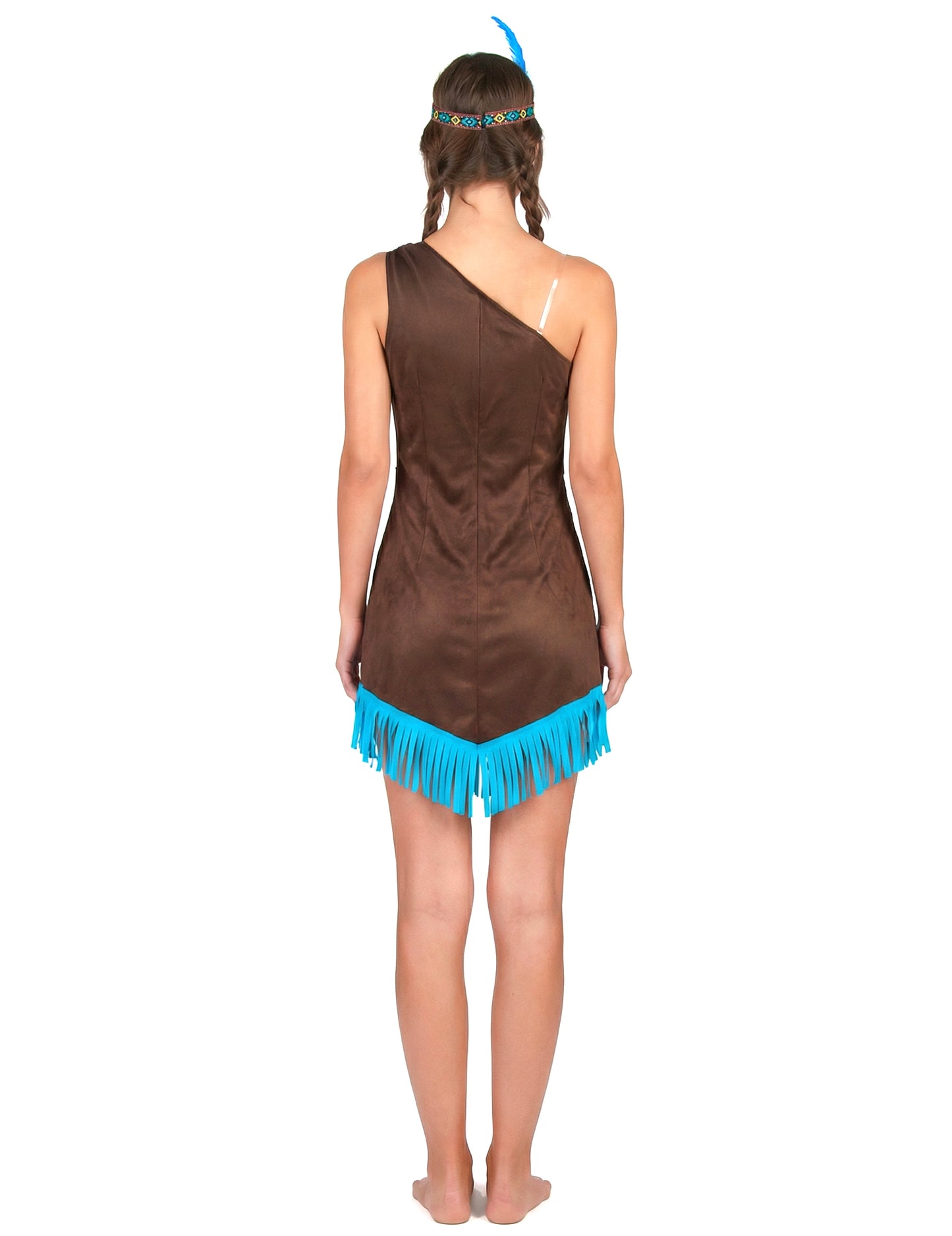 Vue de dos du déguisement d'indienne pour femme marron et bleu