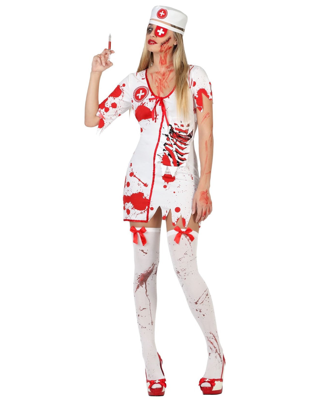 Krvava zdravstvena nega preoblečena ženska Halloween