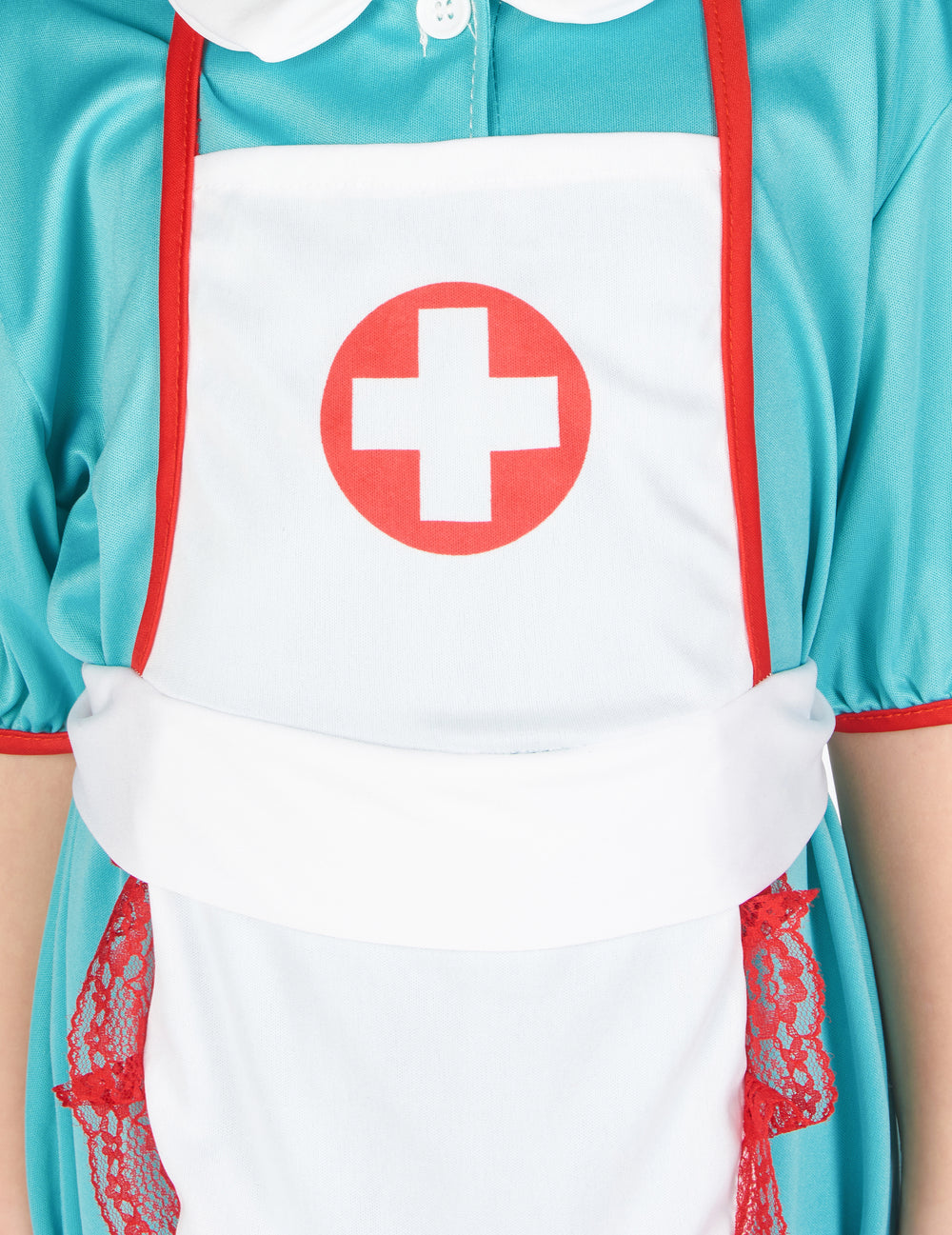 Gros plan sur le tablier avec croix rouge du déguisement d'infirmière pour fille