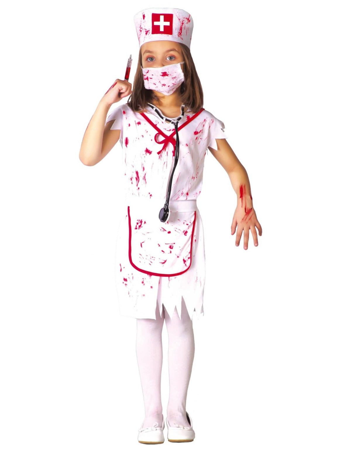 Preobleka zombijske medicinske sestre za belo dekle, umazano s krvjo, z masko in kapo