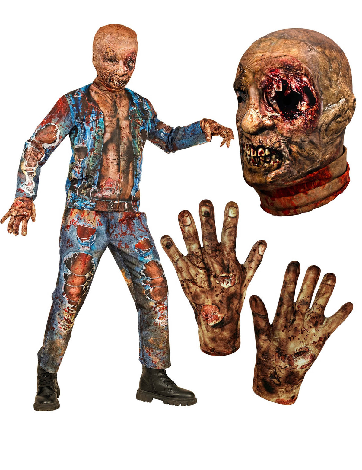Détails du masque et des gants du déguisement intégral zombie pour enfant