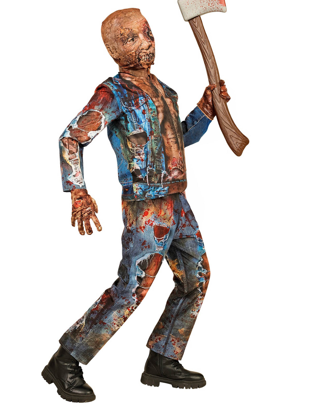 Vue de profil avec hache du déguisement intégral zombie pour enfant