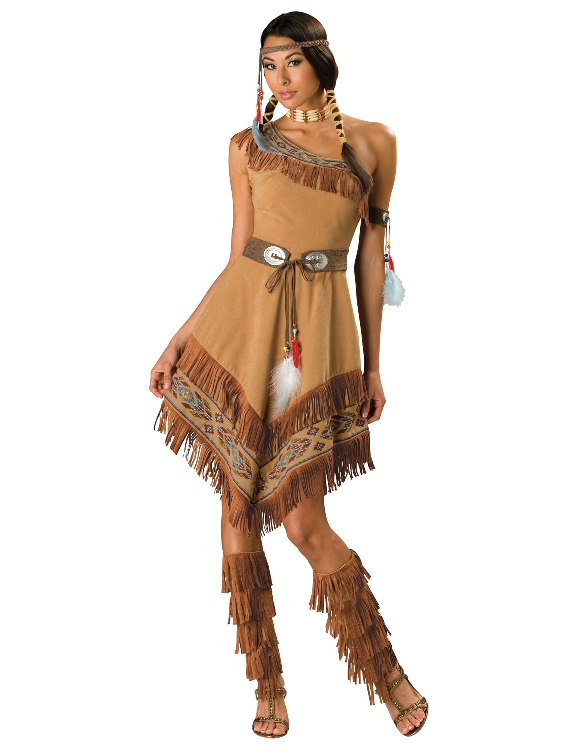 Déguisement Jeune Indienne pour femme luxe marron avec franges et plumes