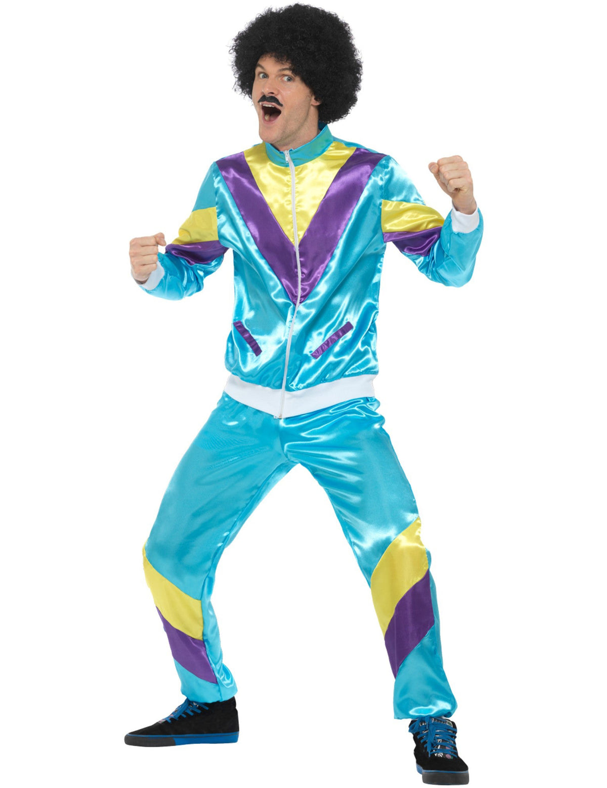 Vue en pied du déguisement jogging années 80 pour adulte