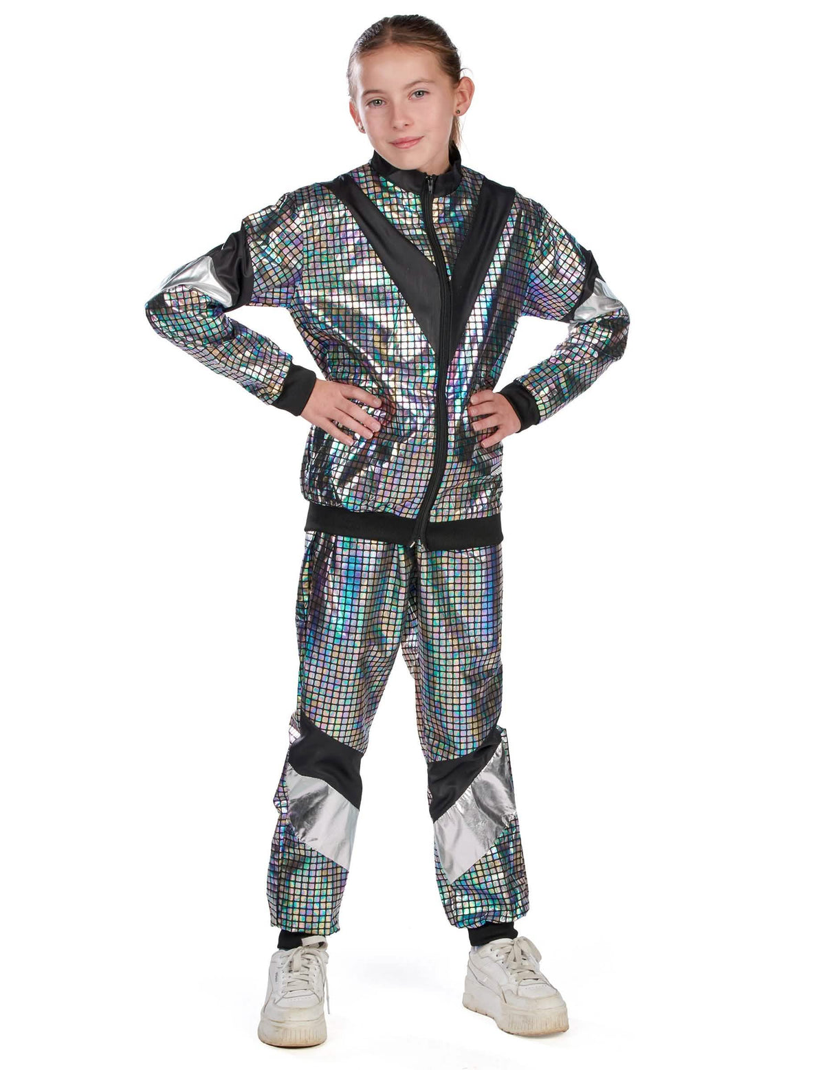 Vue de face du déguisement jogging disco années 80 adolescent