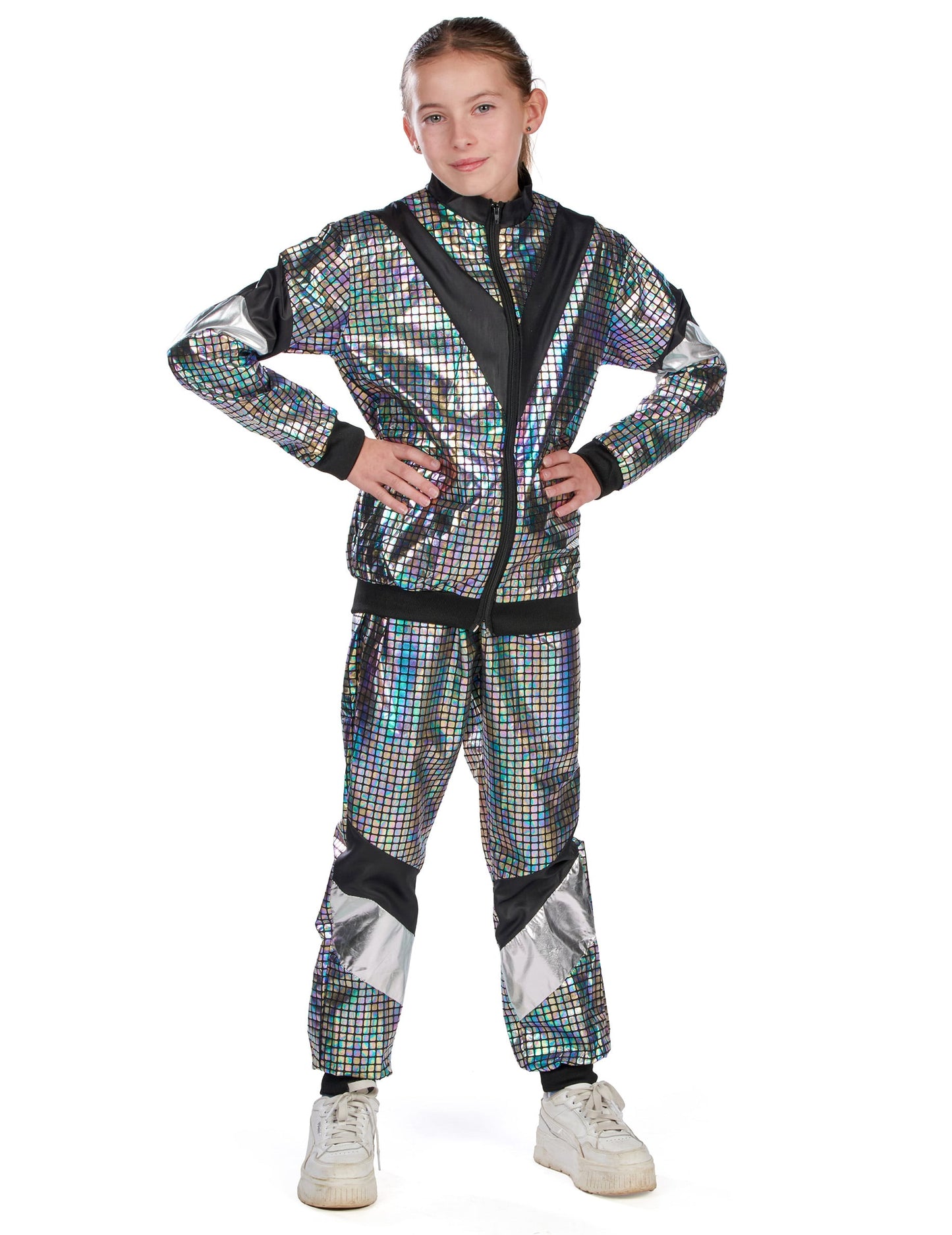 Vue de face du déguisement jogging disco années 80 adolescent