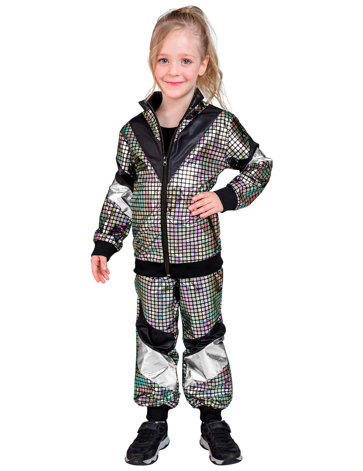 Vue de face du déguisement jogging disco années 80 pour enfant