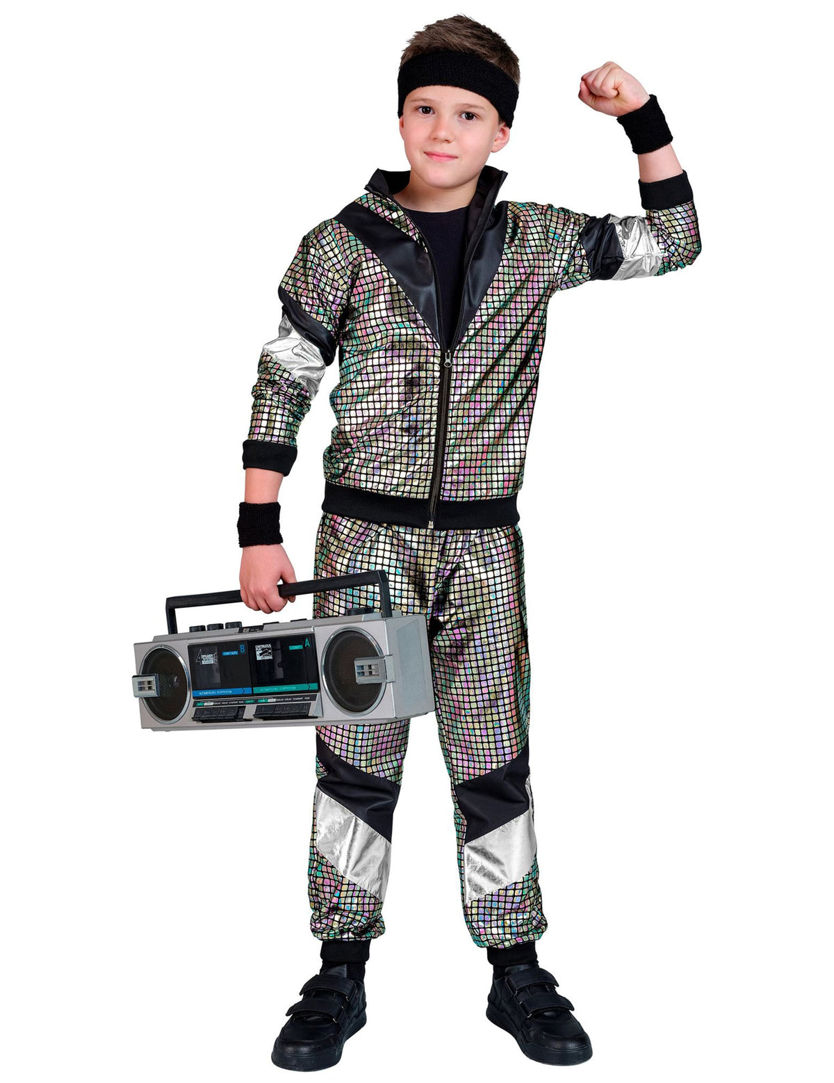 Enfant posant avec une radio à la main du déguisement jogging disco années 80