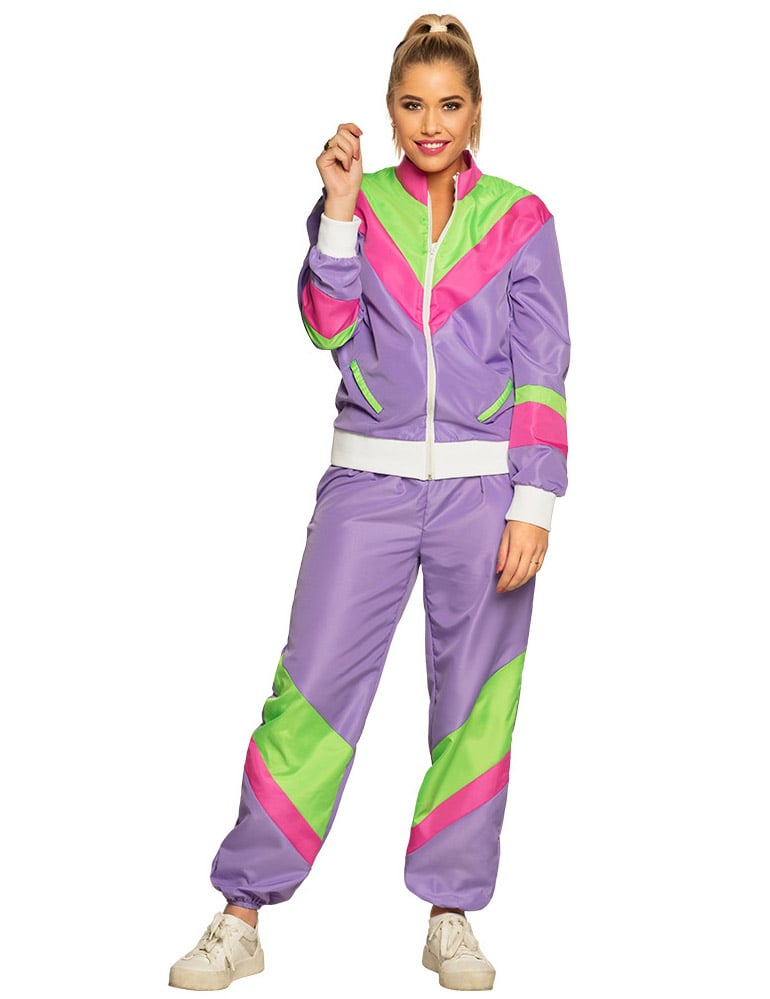 Déguisement de jogging rétro pour femme violet rose et vert fluo